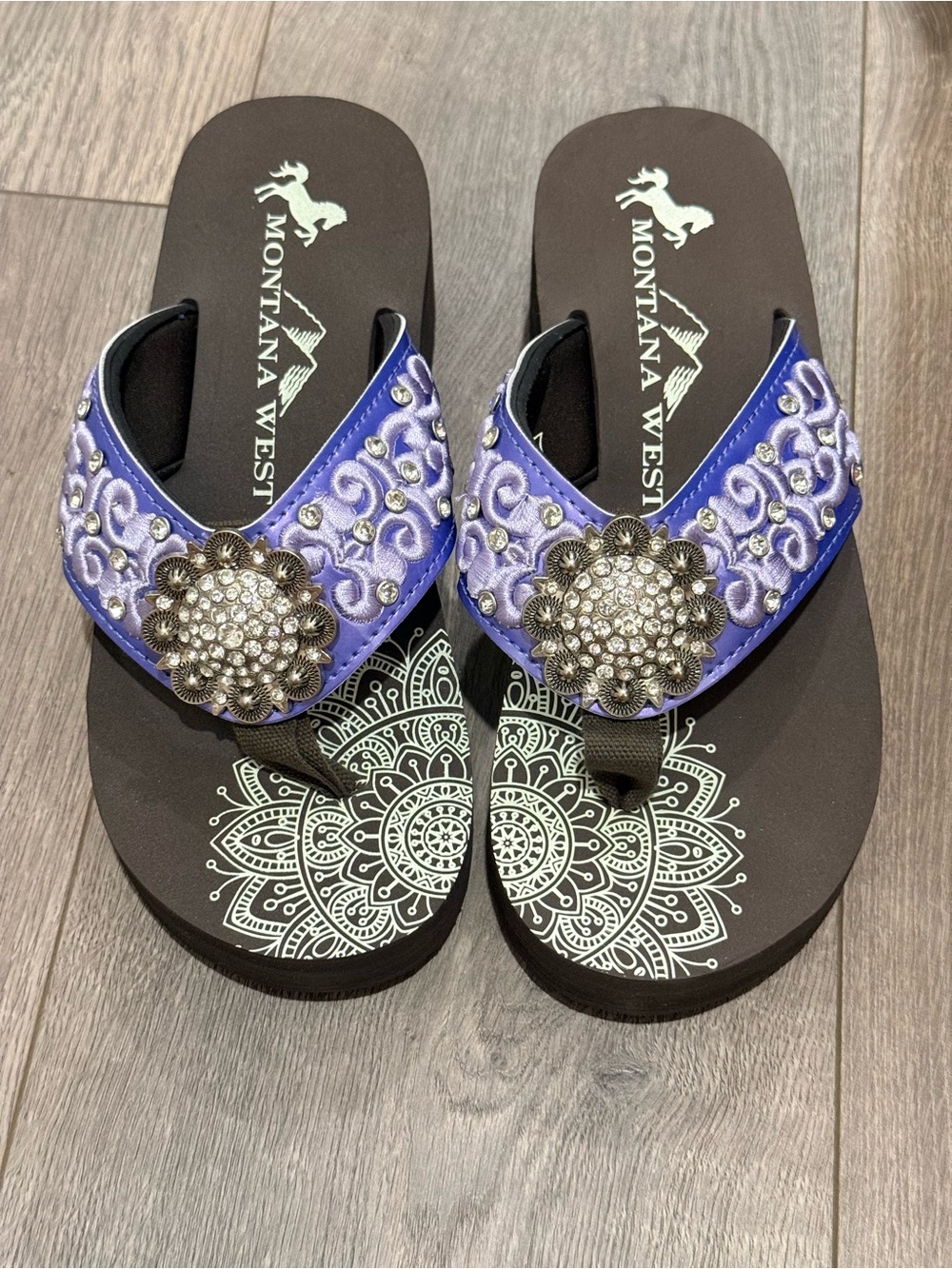 Montana West Lavender Embroidered Crystal Medallion Sandals
